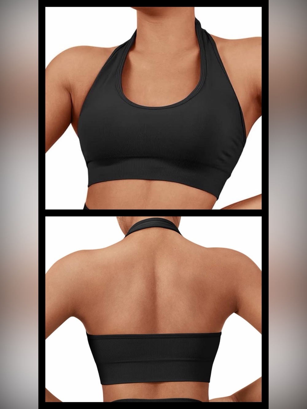 Suuksess Halter Ribbed Seamless Racerback Sports Bra in Black. Size S